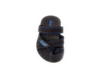 Black sandal with adjustable blue-stitched straps and open toe, ideal for casual wear