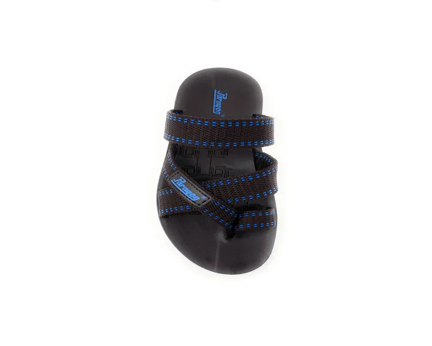Black sandal with adjustable blue-stitched straps and open toe, ideal for casual wear