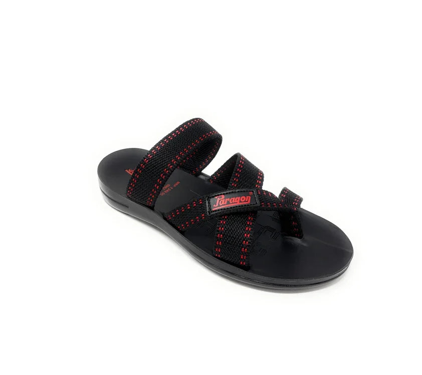 Black and red men's slip-on sandal with adjustable straps and cushioned sole