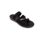 Black and red men's slip-on sandal with adjustable straps and cushioned sole