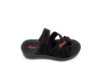 Black and red open-toe slip-on sandal with crisscross straps on a white background