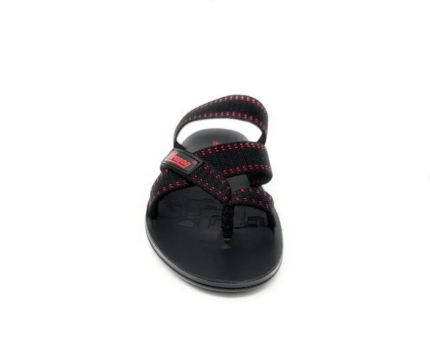 Black and red strappy sandal with open toe, flat sole, and adjustable straps on white background
