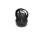 Black slip-on sandal with red accents and textured sole, rear view on white background