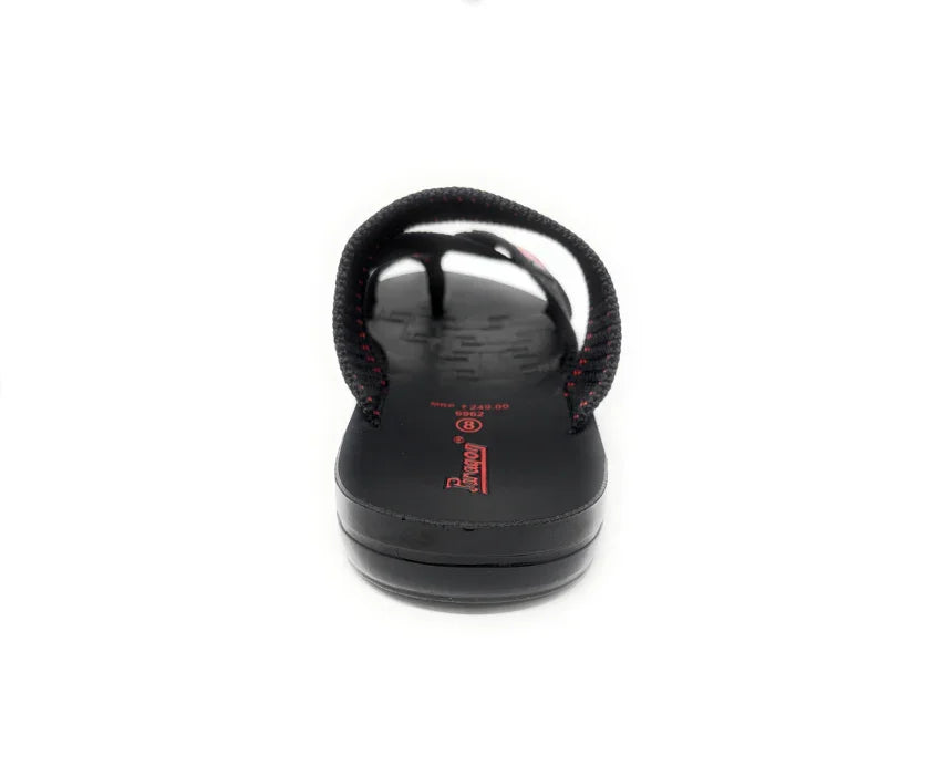 Black slip-on sandal with red accents and textured sole, rear view on white background