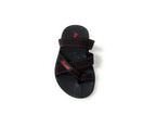 Black sandal with red stitching and crisscross straps, casual summer footwear