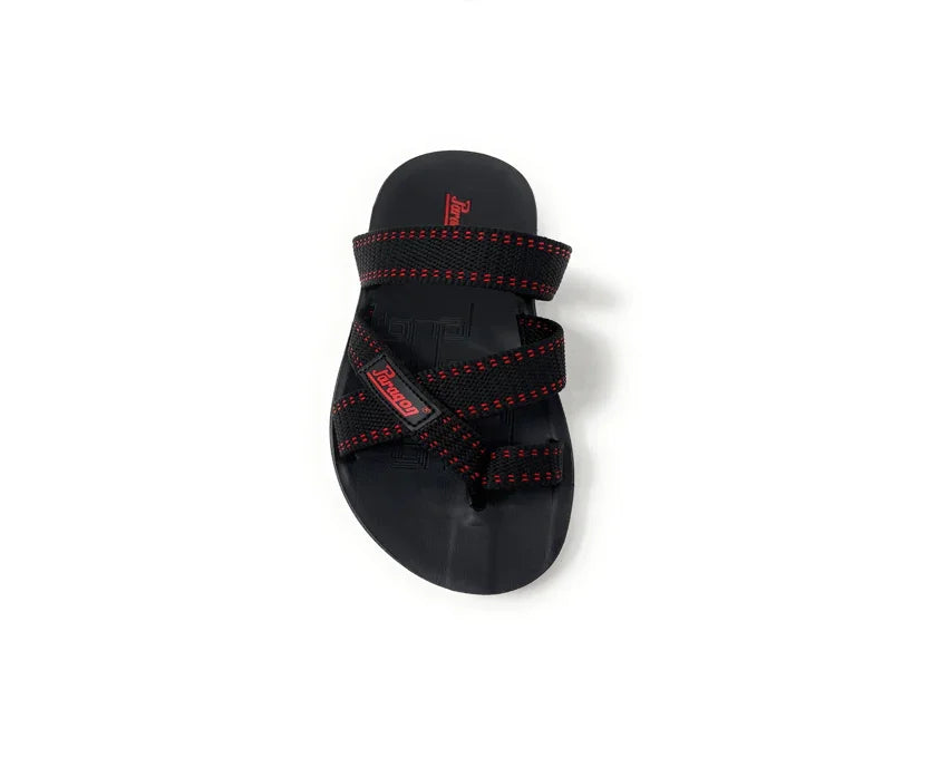 Black sandal with red stitching and crisscross straps, casual summer footwear