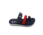 Men's navy blue and red slip-on sandal with two fabric straps and cushioned sole