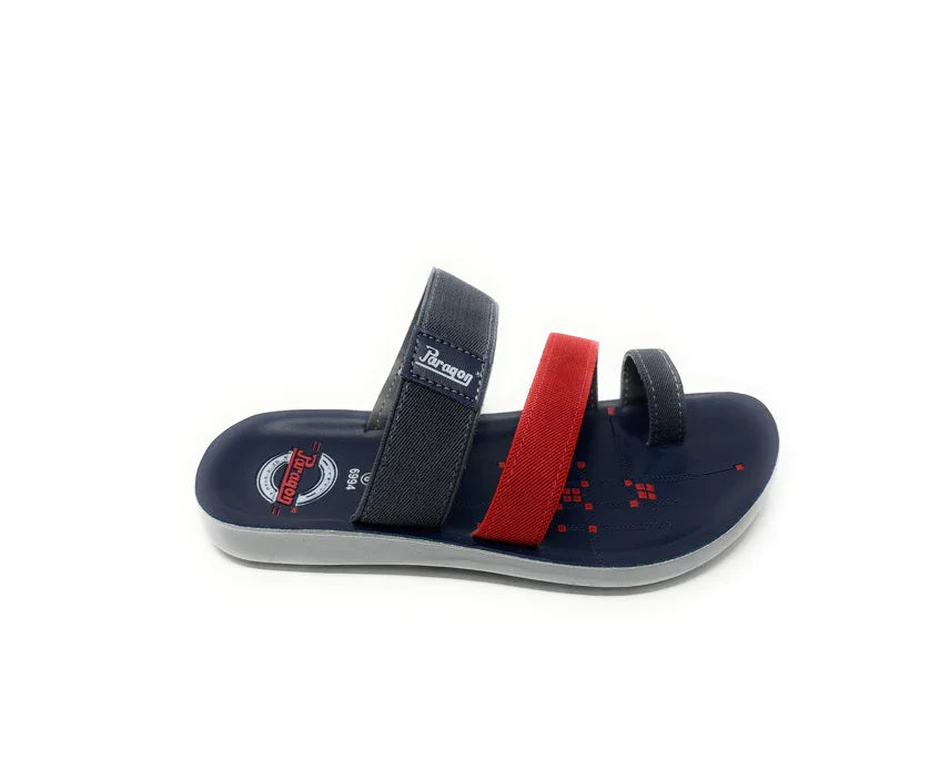 Men's navy blue and red slip-on sandal with two fabric straps and cushioned sole