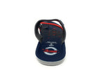Navy blue Paragon flip-flop sandal with red and gray details, front view on white background