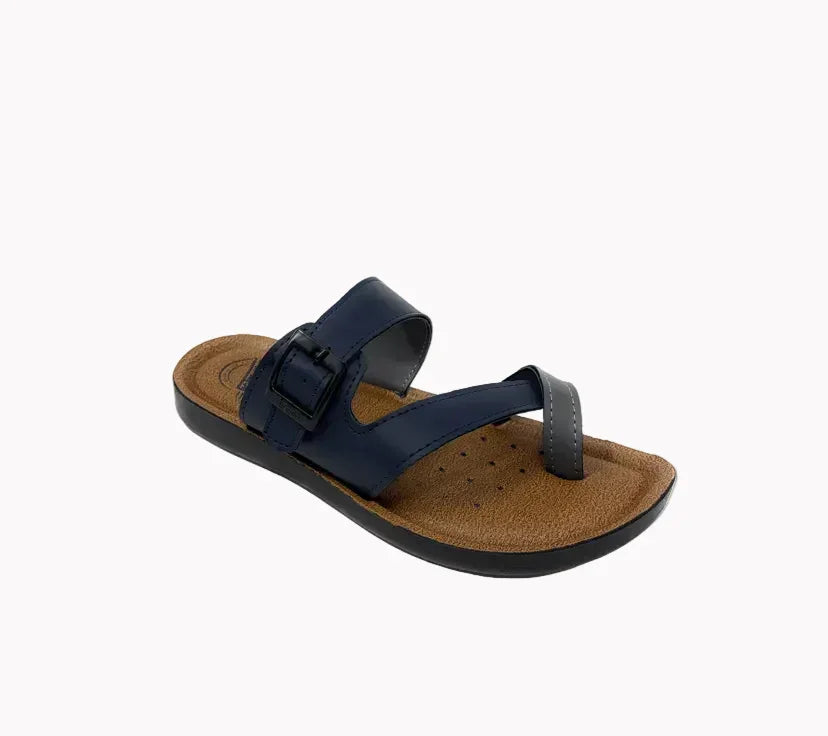 Navy blue men's sandal with buckle and toe loop on tan cushioned sole