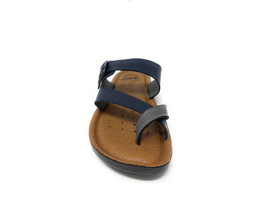 Comfortable brown and navy slip-on sandal with adjustable straps, ideal for casual wear