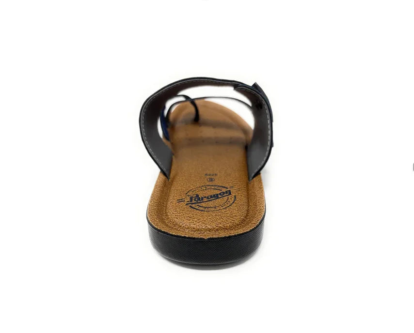 Back view of a brown and black open-toe sandal with cushioned sole