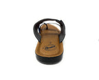 Back view of a brown and black open-toe sandal with cushioned sole