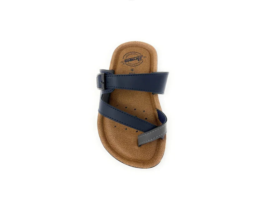 Navy blue cork footbed sandal with adjustable strap and open toe design for kids or adults