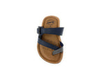 Navy blue cork footbed sandal with adjustable strap and open toe design for kids or adults