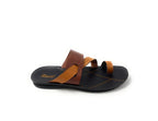 Men's brown leather sandal with black sole and toe loop on white background