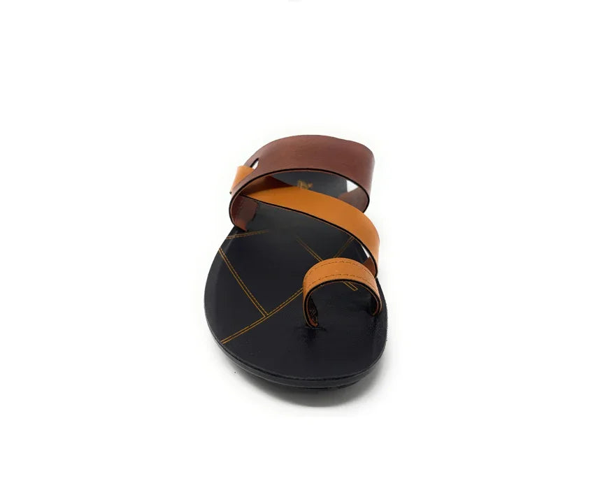 Brown and tan leather sandal with looped toe strap on a black sole, front view