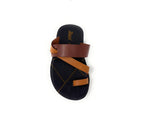 Men's black sandal with brown and tan crisscross straps, slip-on summer footwear
