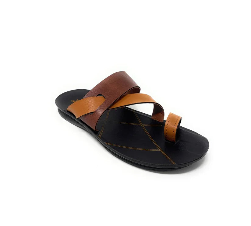 Men's brown leather slip-on sandal with black sole and toe loop on white background