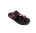 Black and red leather slip-on sandal with toe loop, contrast stitching on sole