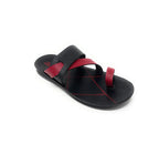 Black and red leather slip-on sandal with toe loop, contrast stitching on sole
