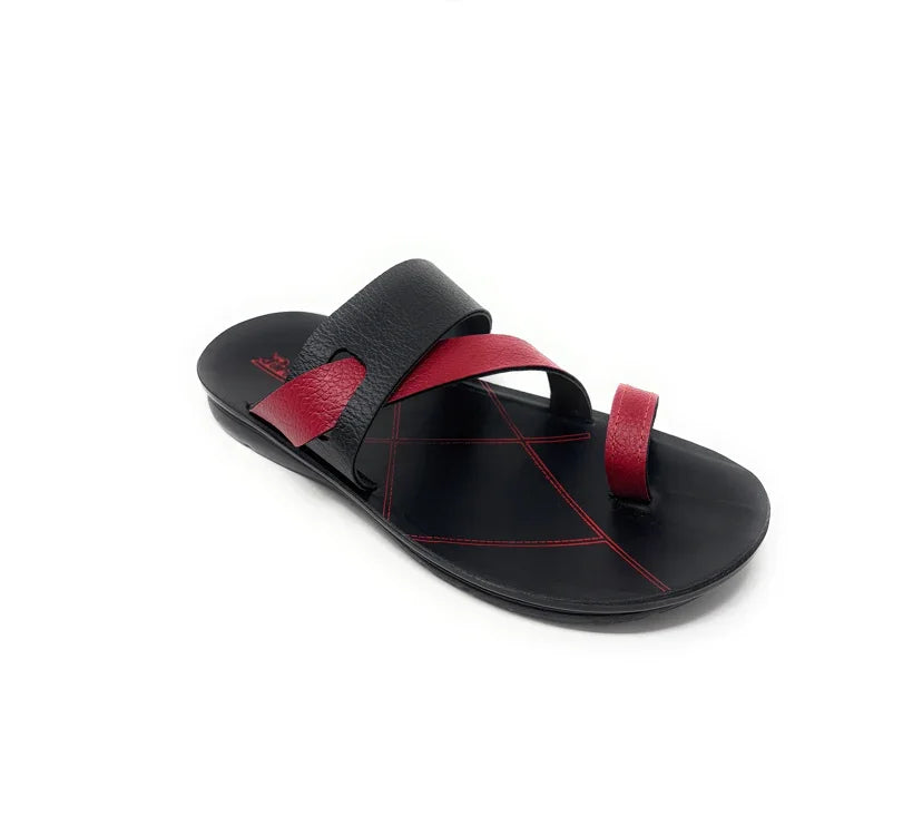 Black and red leather slip-on sandal with toe loop, contrast stitching on sole