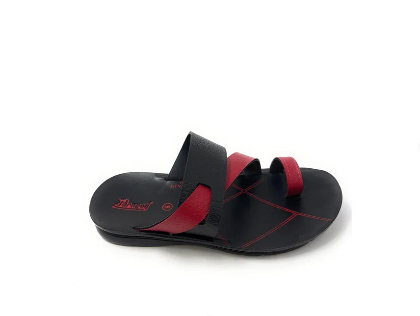Black and red slip-on sandal with three straps, stylish men's casual footwear on white background.