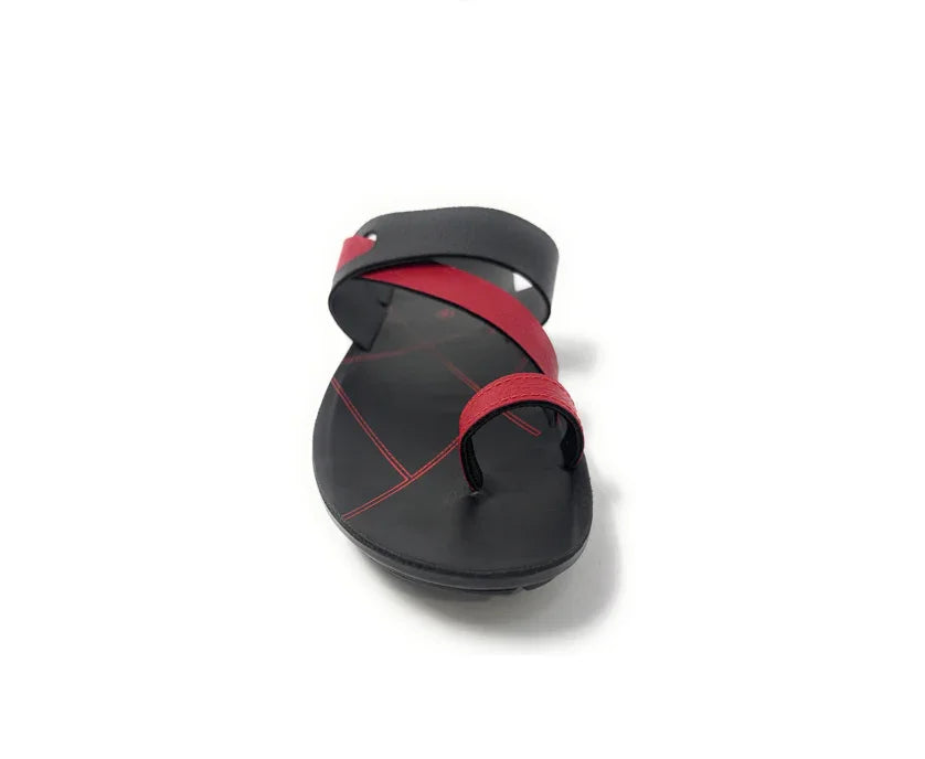 Black and red open-toe sandal with double straps on white background