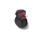 Black and red open-toe sandal with double straps on white background