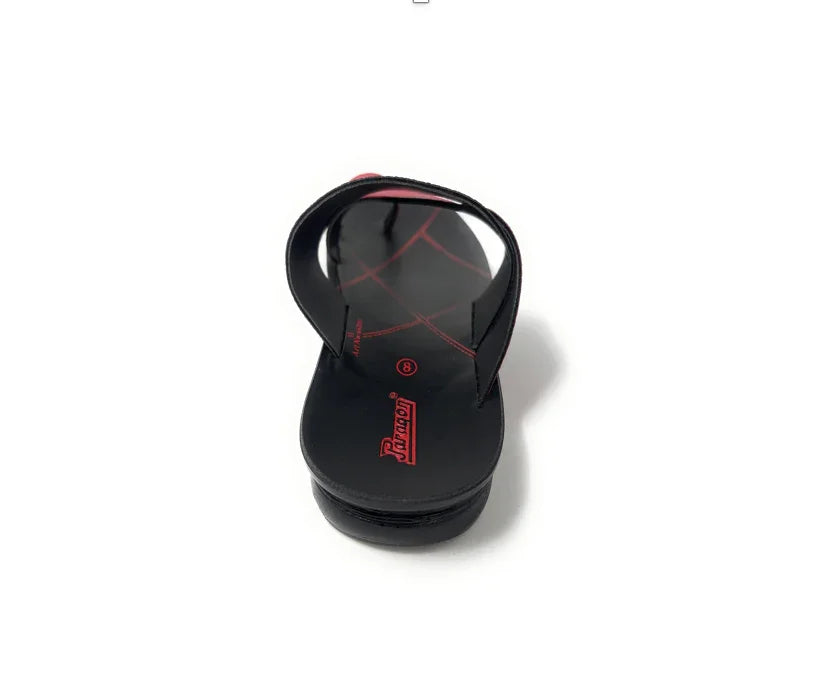 Black men's sandal with red stitching and slip-on design, photographed on white background