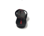 Black men's sandal with red stitching and slip-on design, photographed on white background