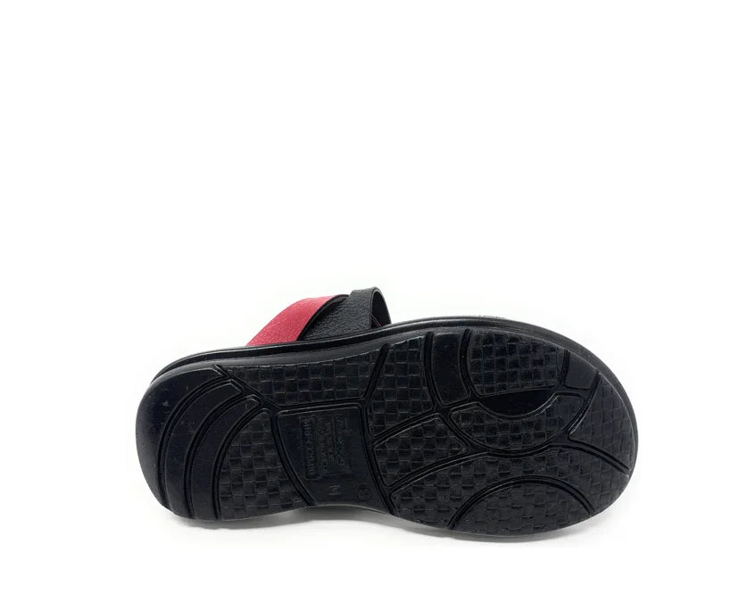 Black sandal with red strap shown from the sole, non-slip grip design, footwear product