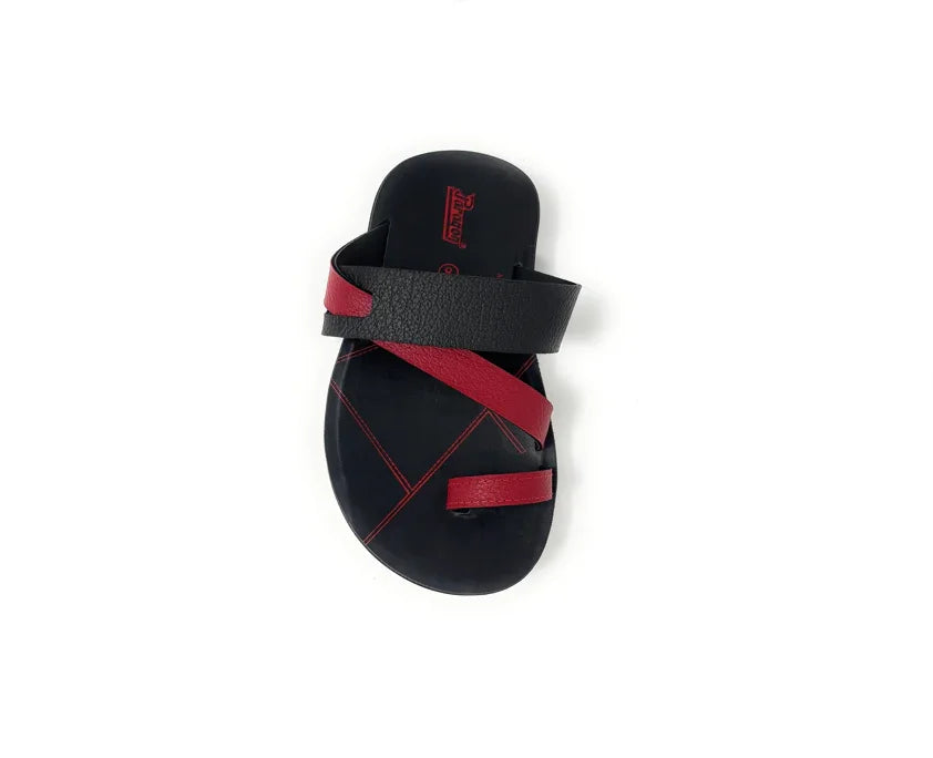 Black and red men's sandal with crisscross straps on a white background