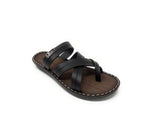 Men's brown and black slip-on sandal with crisscross straps and stitched sole