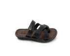 Men's black slip-on sandal with brown sole and crisscross straps, comfortable casual footwear