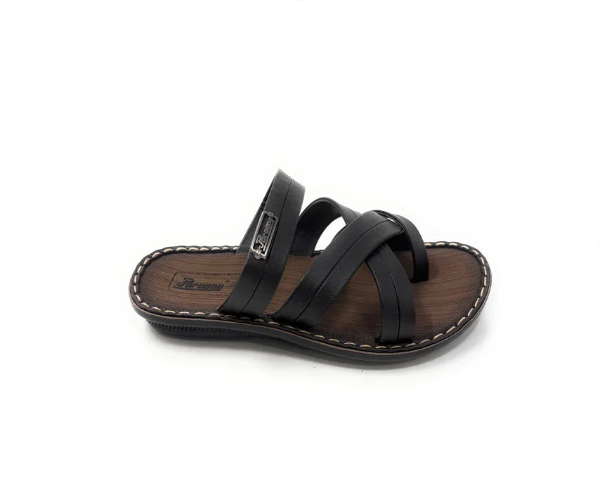 Men's black slip-on sandal with brown sole and crisscross straps, comfortable casual footwear