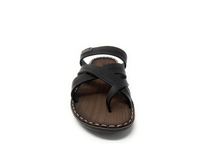 Black strappy sandal with brown sole, front view, stylish casual footwear
