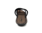 Men's brown and black slip-on sandal with stitched sole, front view on white background