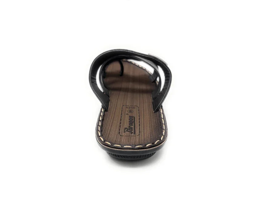 Men's brown and black slip-on sandal with stitched sole, front view on white background