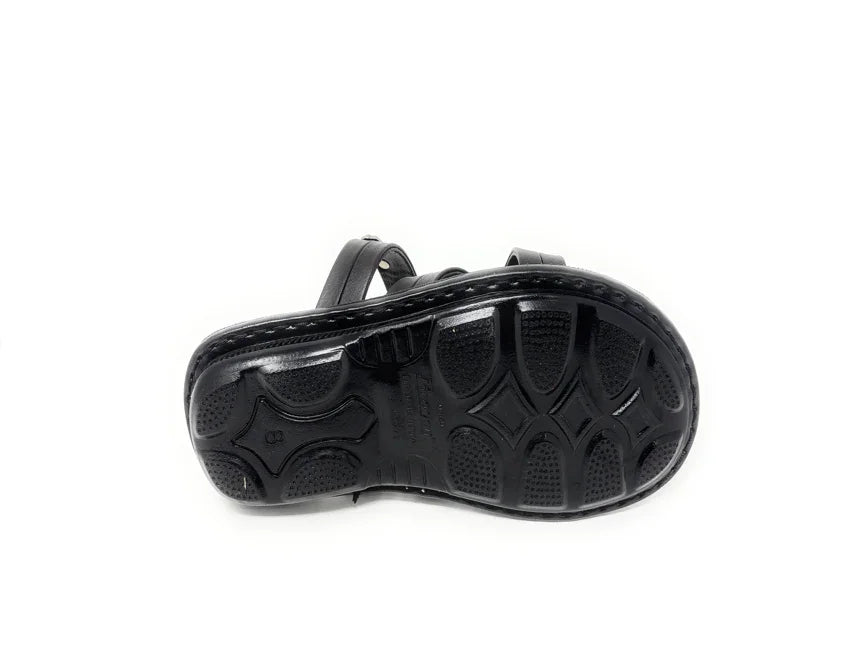 Black sandal with textured rubber sole, anti-slip grip, and adjustable straps on white background