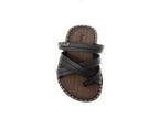 Black strappy sandal with brown stitched sole on white background, casual summer footwear