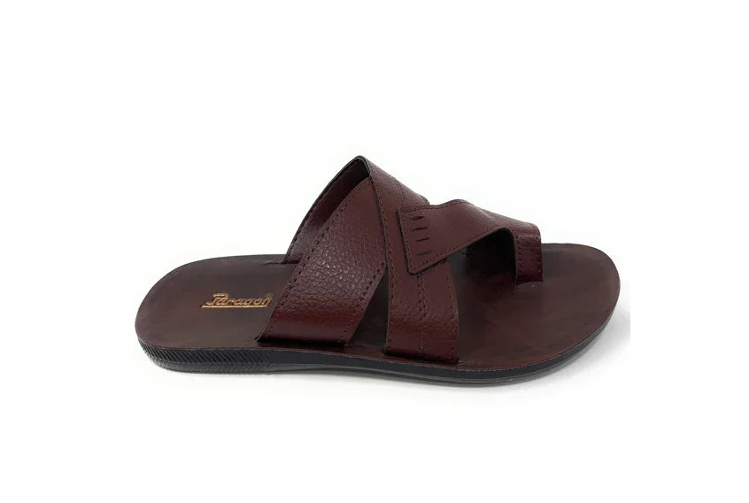 Men's brown leather slide sandal with crisscross straps and flat sole
