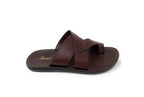 Men's brown leather slide sandal with crisscross straps and flat sole