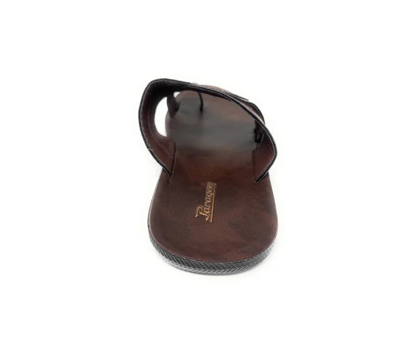 Brown leather men's sandal with a toe loop, viewed from the front on a white background
