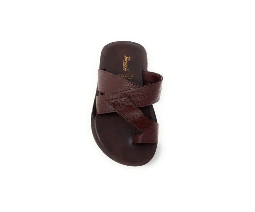 Brown leather slip-on sandal with criss-cross straps on white background