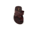 Brown leather slip-on sandal with criss-cross straps on white background