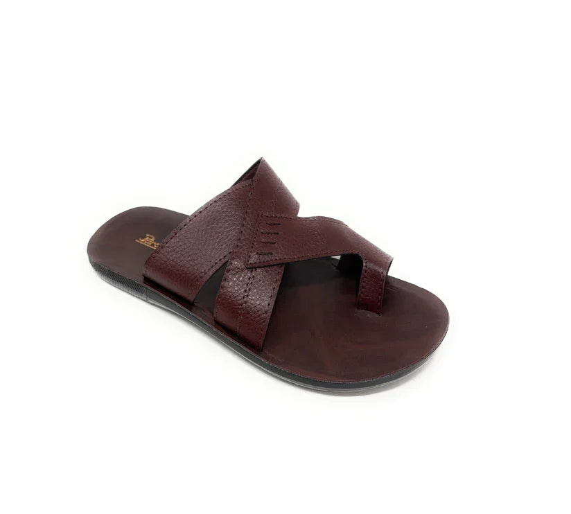 Men's brown leather sandal with crisscross straps on a white background