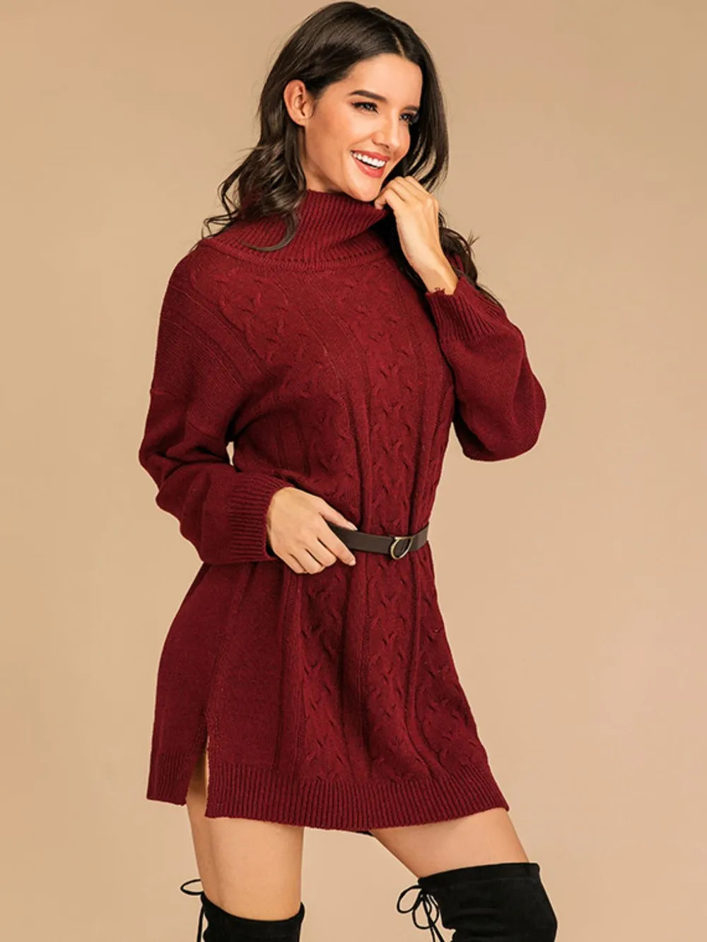 Perfee Slit Turtleneck Long Sleeve Mini Sweater Dress SONI