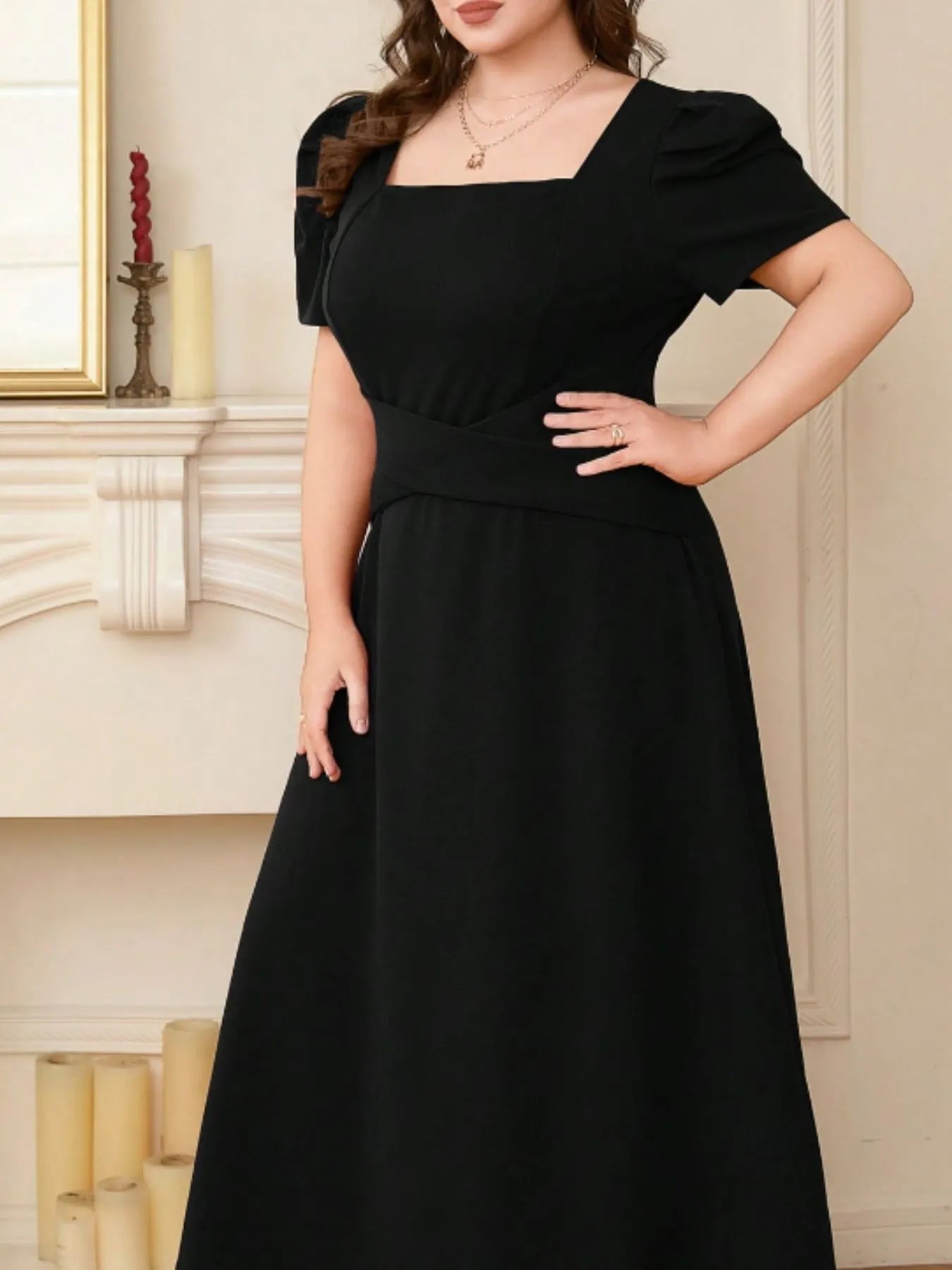 Plus Size Square Neck Puff Sleeve Midi Dress SONI TRADERS INC