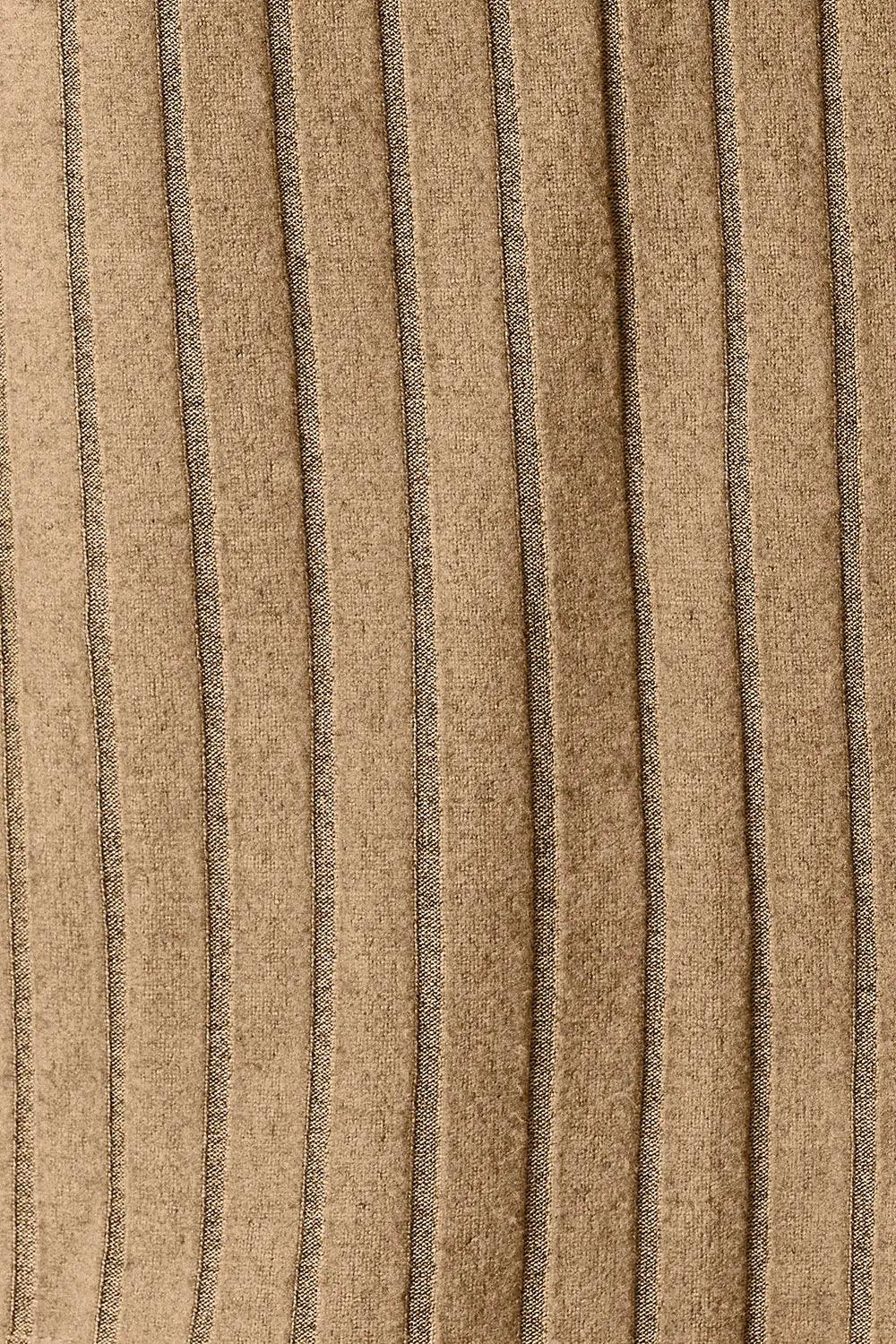 Brown ribbed knit fabric with vertical stripe pattern, close-up texture view